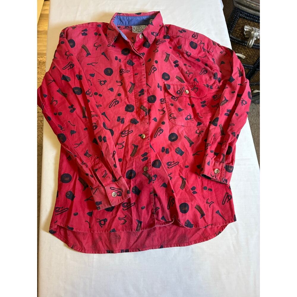 Vintage 90s Button Up Cotton All Over Print Kyoto Kasuals Mens Shirt L Red